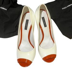Dolce & Gabbana Patent Leather Peep Toe Pumps White Orange 37.5 Italy $550